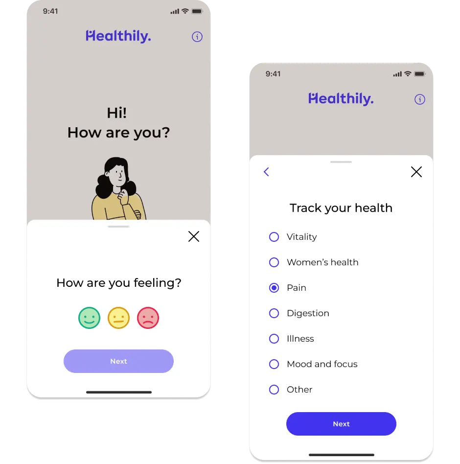 Two Healthily Diary screens: a daily check-in asking how you’re feeling, and a list of health areas to track